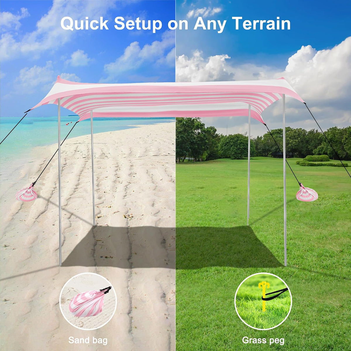 Beach Tent Canopy, UPF 50+ UV Protection Beach Sun Shade, Portable 10×10 FT Large Pop-Up Tent Sun Shelter with Sand Anchors, Ground Pegs, Easy Setup for Camping, Park, and Backyard Fun-Pink Stripe