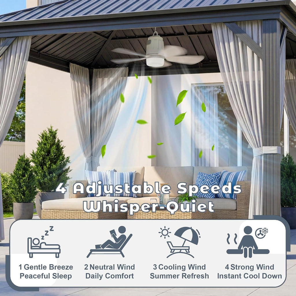 Battery Operated Outdoor Ceiling Fan, 20000mAh Portable Canopy Fan with Light, Remote & Hanging Hook, 3000k-6000k Dimmable Rechargeable Ceiling Fan for Tent, Gazebo, Patio, Camping (20'')