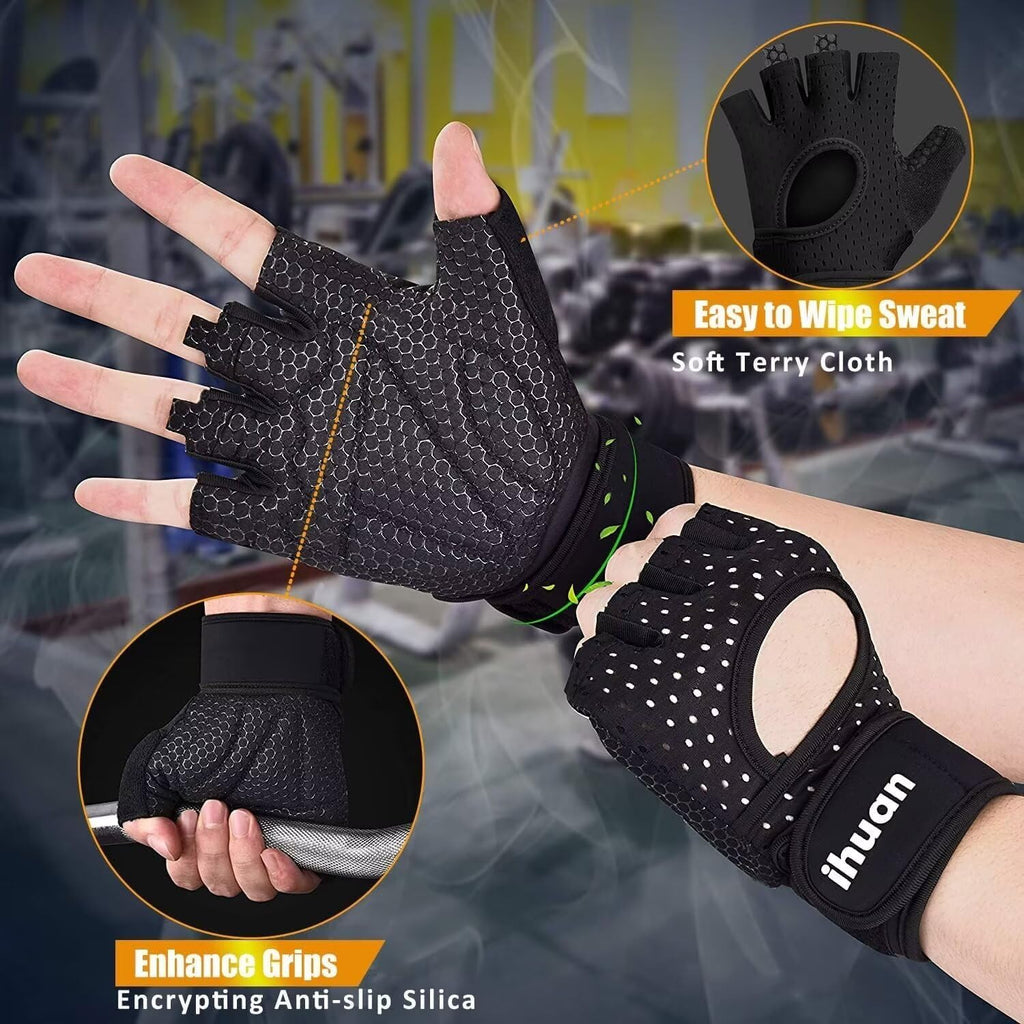 ihuan Breathable Weight Lifting Workout Gym Gloves: Fingerless Exercise Wrist Support | Enhance Palm Protection | Extra Grip for Fitness |Training | Rowing | Pull-ups