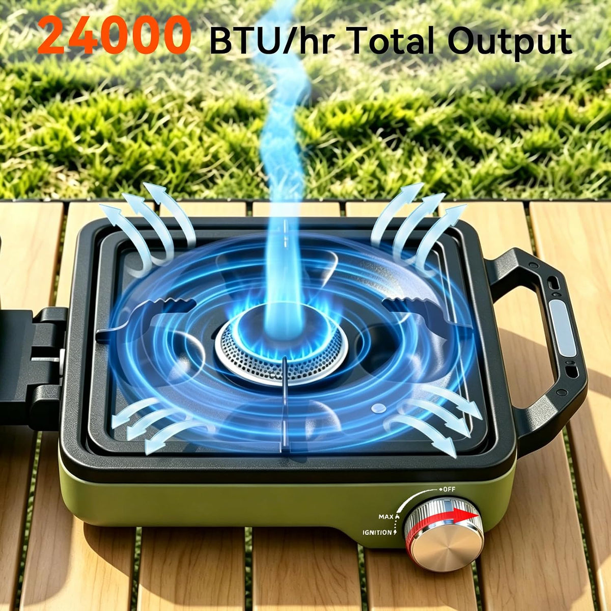 2 Burner Camping Stove with 2-In-1 Cookware Set, 24000 BTU Propane Gas Stove, Foldable Camp Stove with Frying Pan, Pot, Windshield & Carry Bag, Camping Essentials for Picnic, RV, Camp kitchen, Green