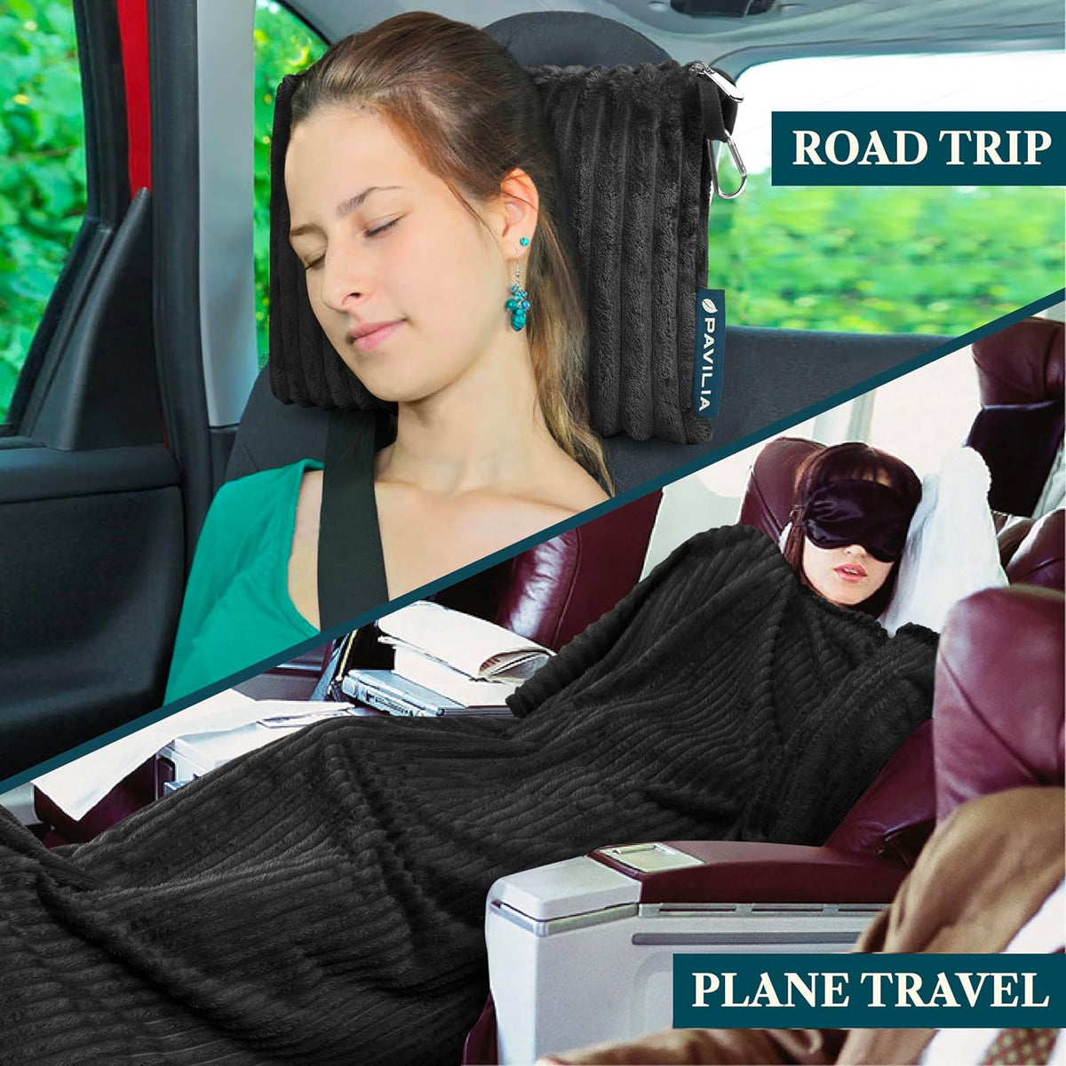 PAVILIA Travel Blanket Pillow, Soft Ribbed Fleece Airplane Blanket, Black