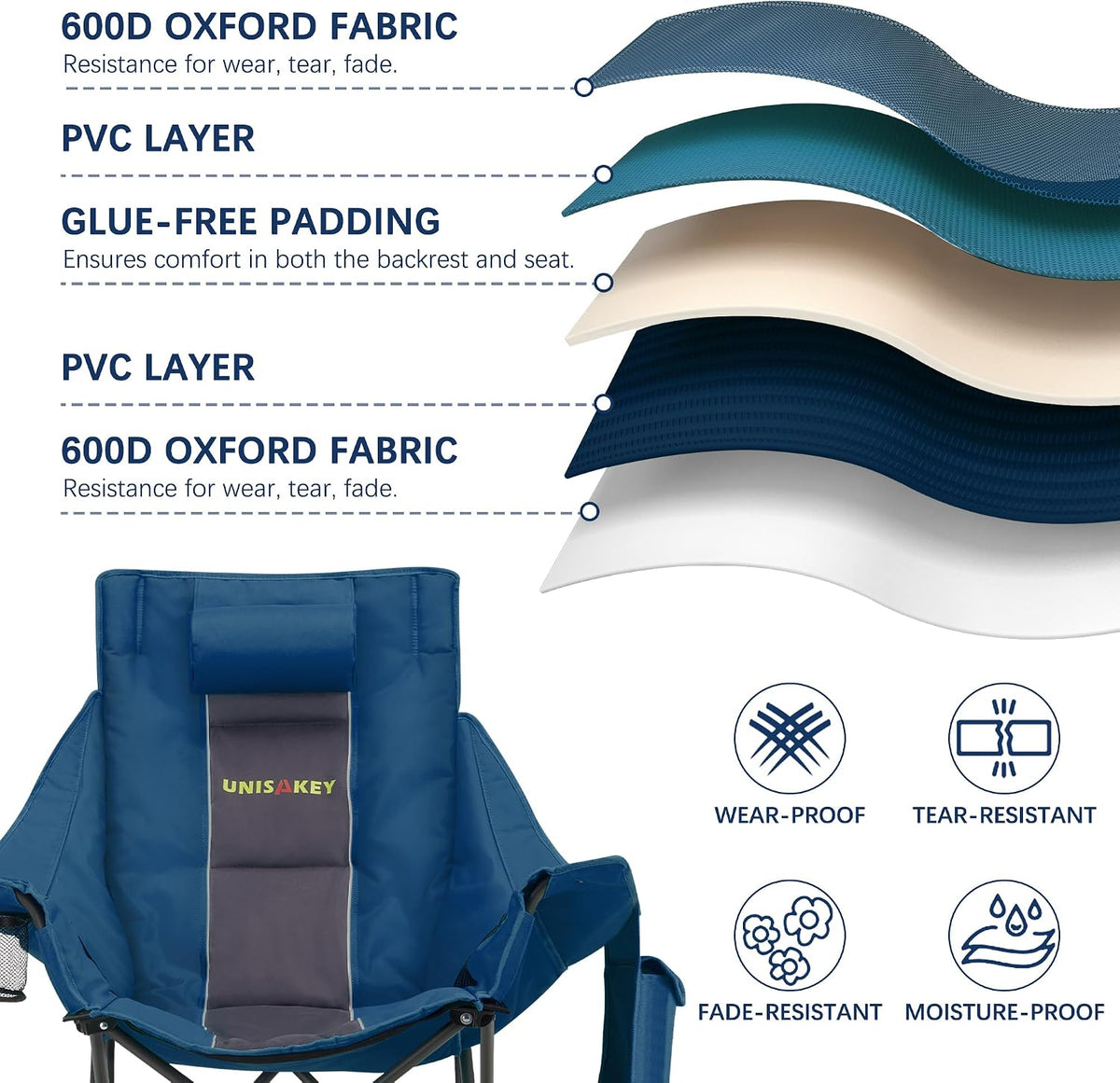 Unisakey Oversize Foldable Rocking Camping Chair300lbs Capacity,Blue