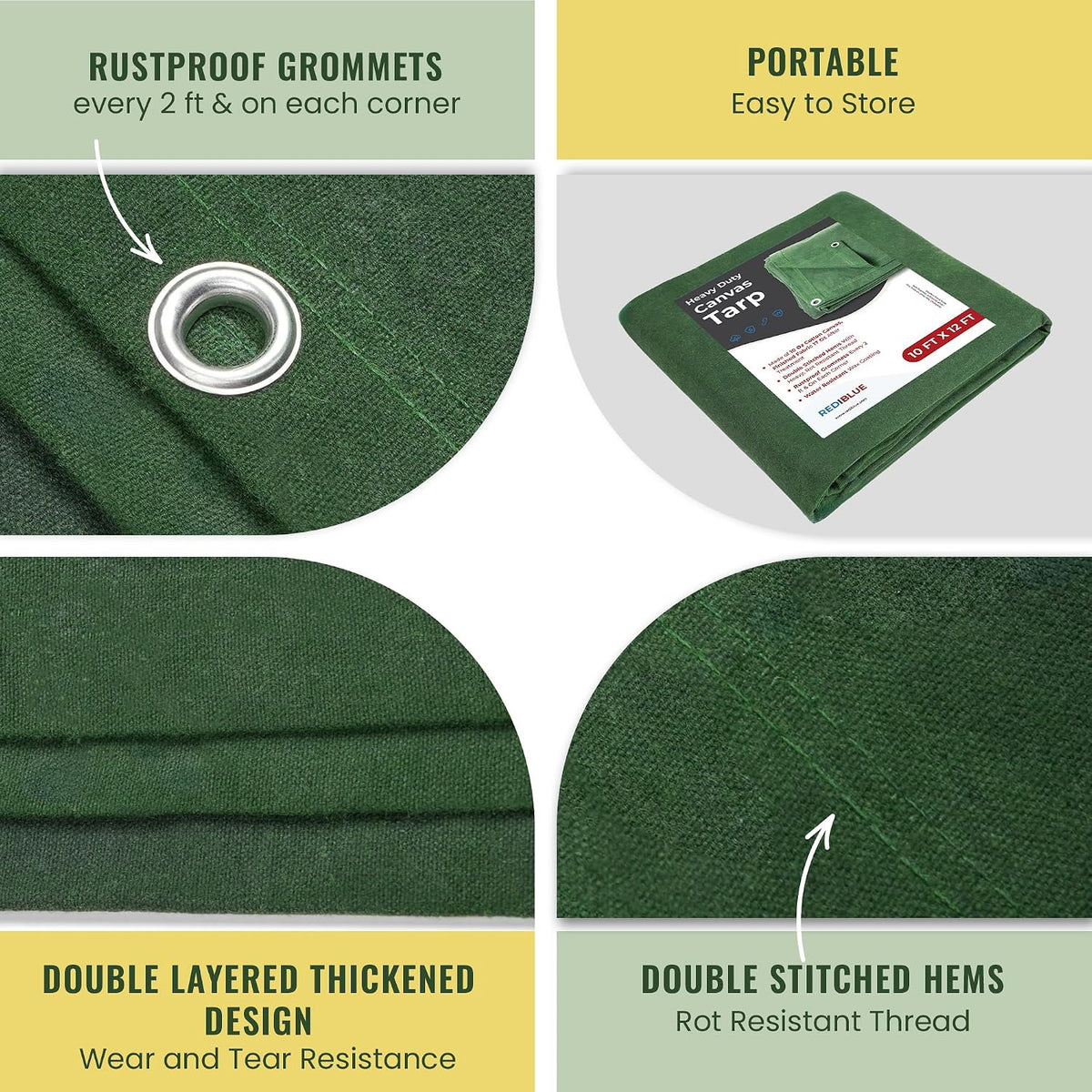 REDIBLUE 10 x 12 ft Heavy Duty Canvas Tarp, Multi Purpose Use for Camping, Tent Canopy, Outdoor, Rustproof Grommets, Durable, Water Resistant, Cotton 17oz - Olive Drab