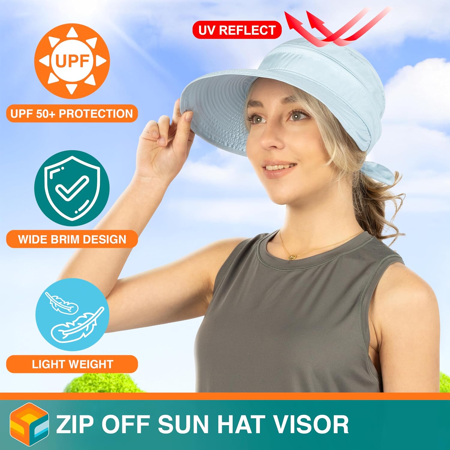 SUN CUBE Womens Sun Hat UV Protection Wide Brim Zip-Off Golf Visor