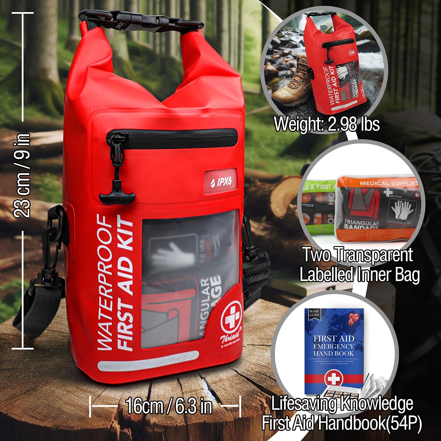 250 PCS Waterproof First Aid Kit, Roll Top Reflective Boat Dry Bag Bug Out Bags, Emergency Medical Kit Ideal for Boating, Camping, Fishing, Kayaking, Floating, Red