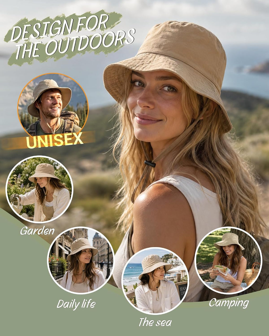 Water-Resistant UPF 50+ Sun Bucket Hat Packable Brimmed for Women Men