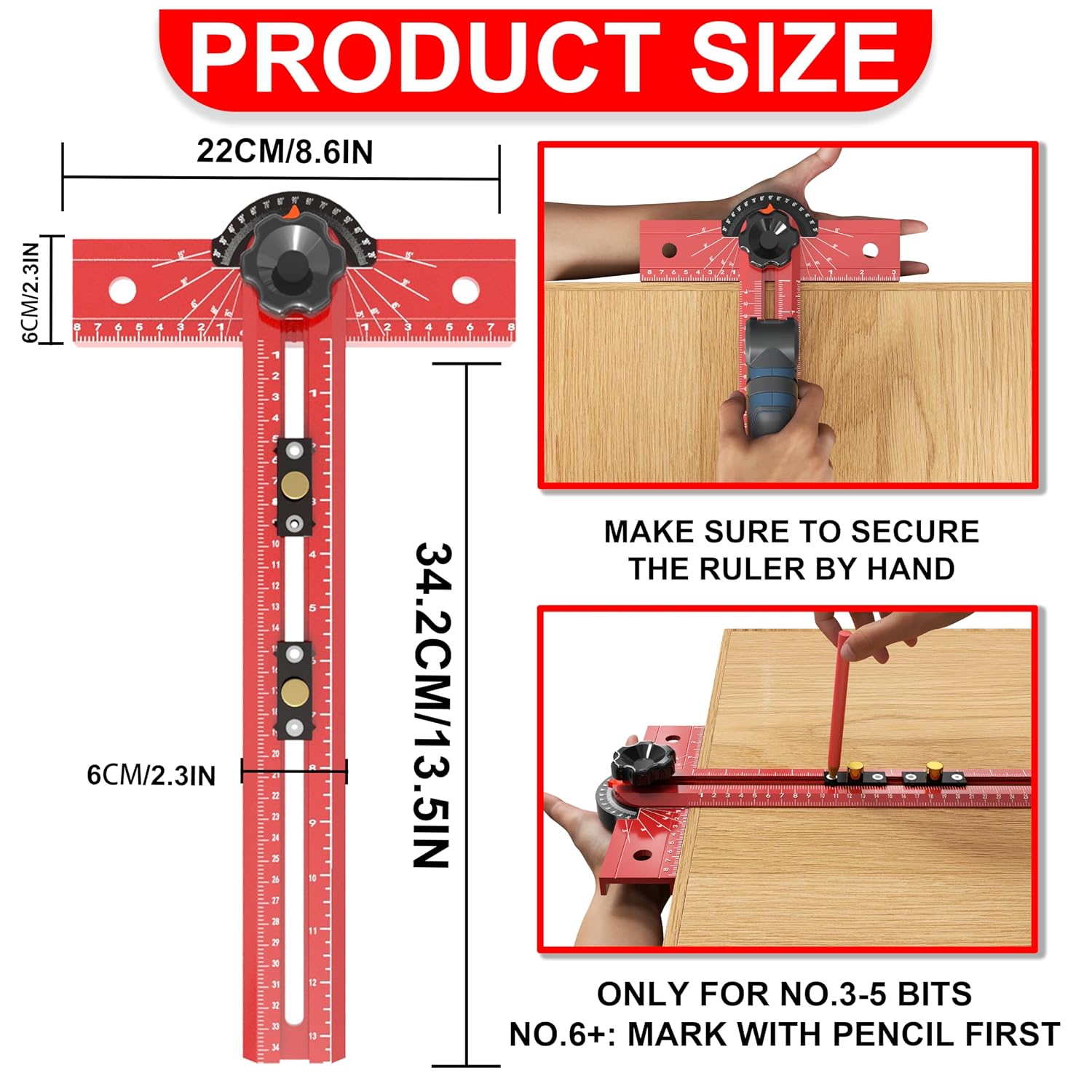 Woodworking T Square Ruler, Precision Drilling Positioning Measuring Tools, Adjustable Aluminum Alloy Sliding 13.5 Inch T-Square Ruler with Angle Adjustment for Carpenter Work and Architect