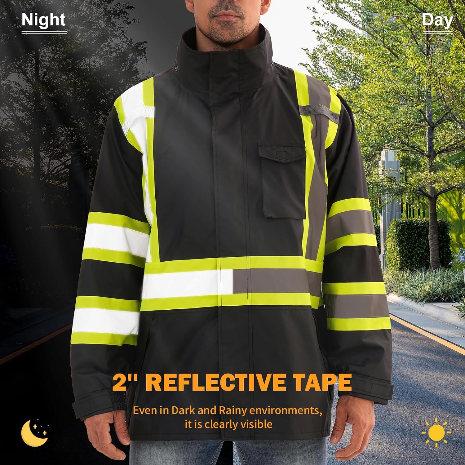 Reflective Rain jackets for men waterproof,Hi Vis Safety Coat With Reflective Strips，High Visibility Class 3 Rain jackets With 2 large pockets，Zipper,Black ，4XL/5XL