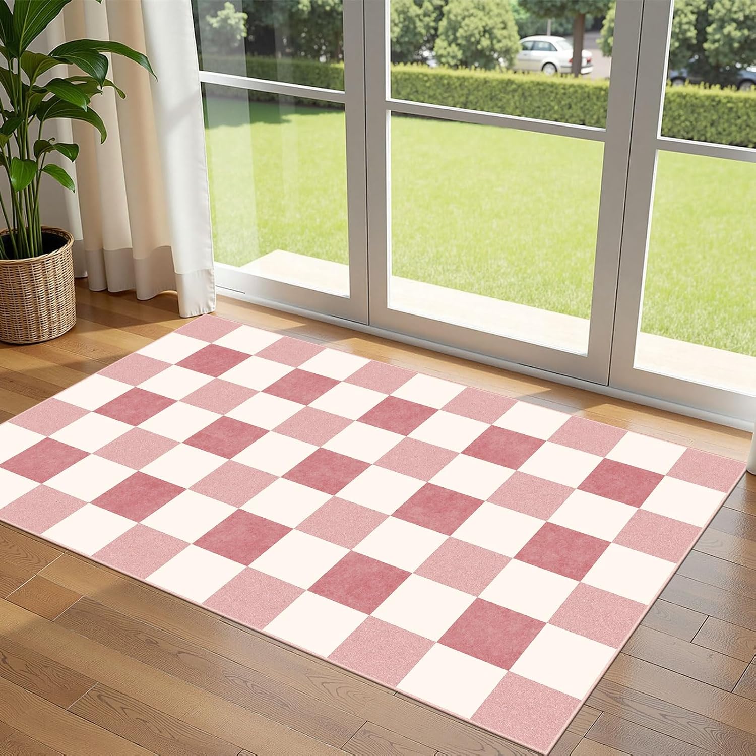 Pink White Checkered Entry Rug - 3x5 Non-Slip Indoor Outdoor Rugs
