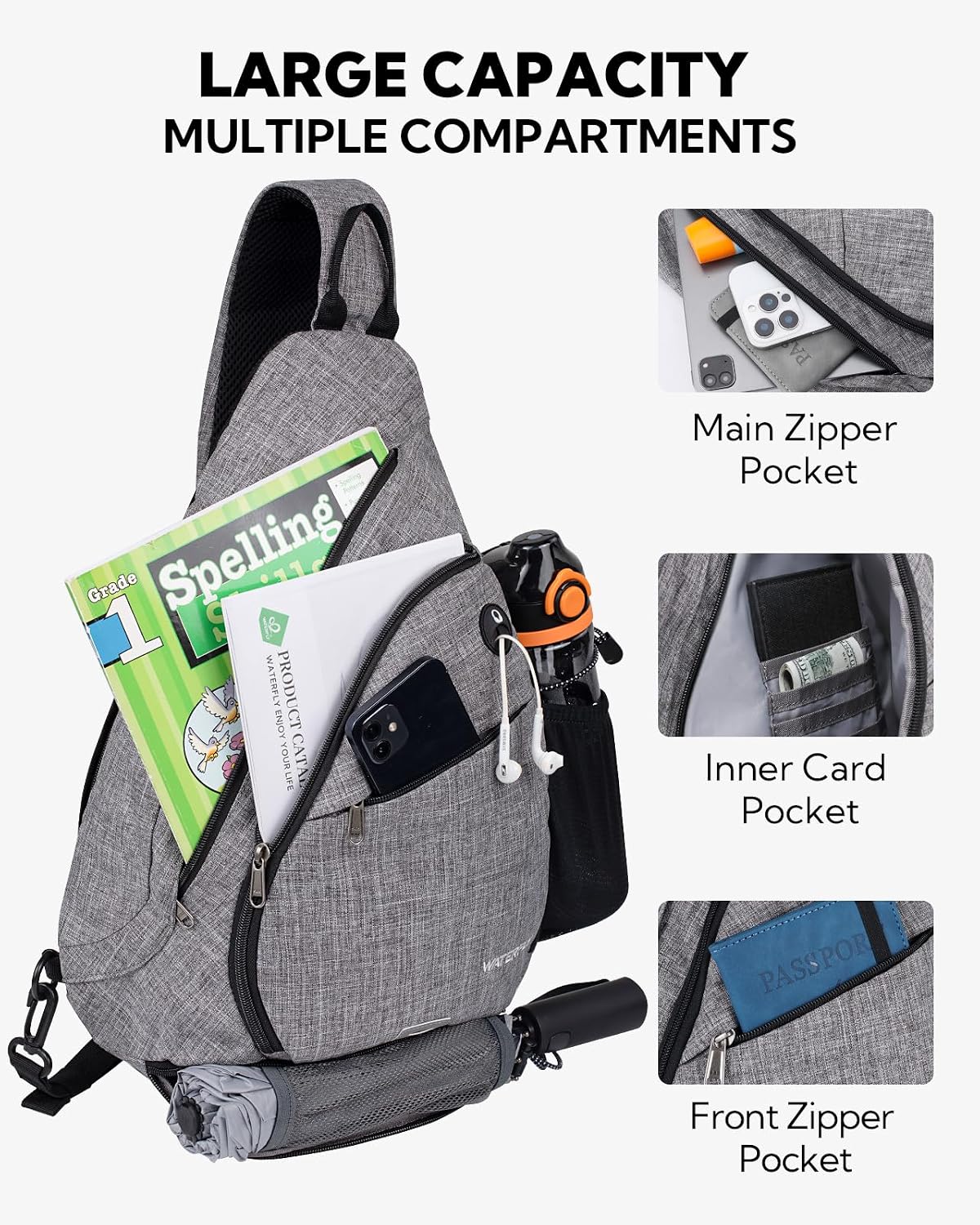 WATERFLY Large Sling Bag Crossbody Backpack Chest Pack for Men Women