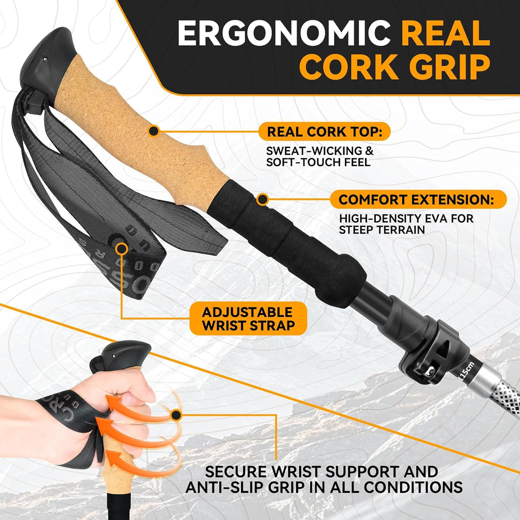 Cork Grip Collapsible Hiking Poles, Trekking Poles for Hiking, Lightweight