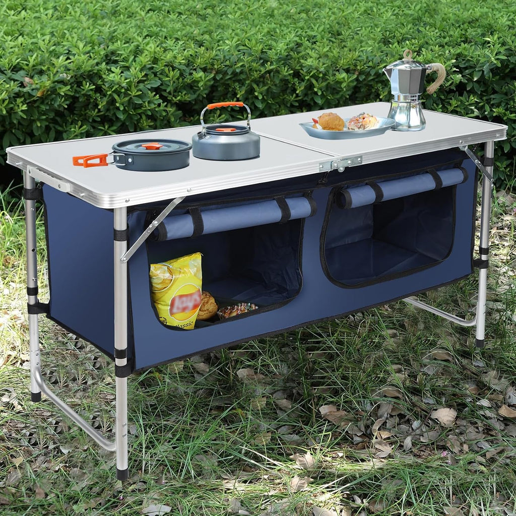 JOUYEK Camping Table, Folding Portable Kitchen Table with Storage Blue