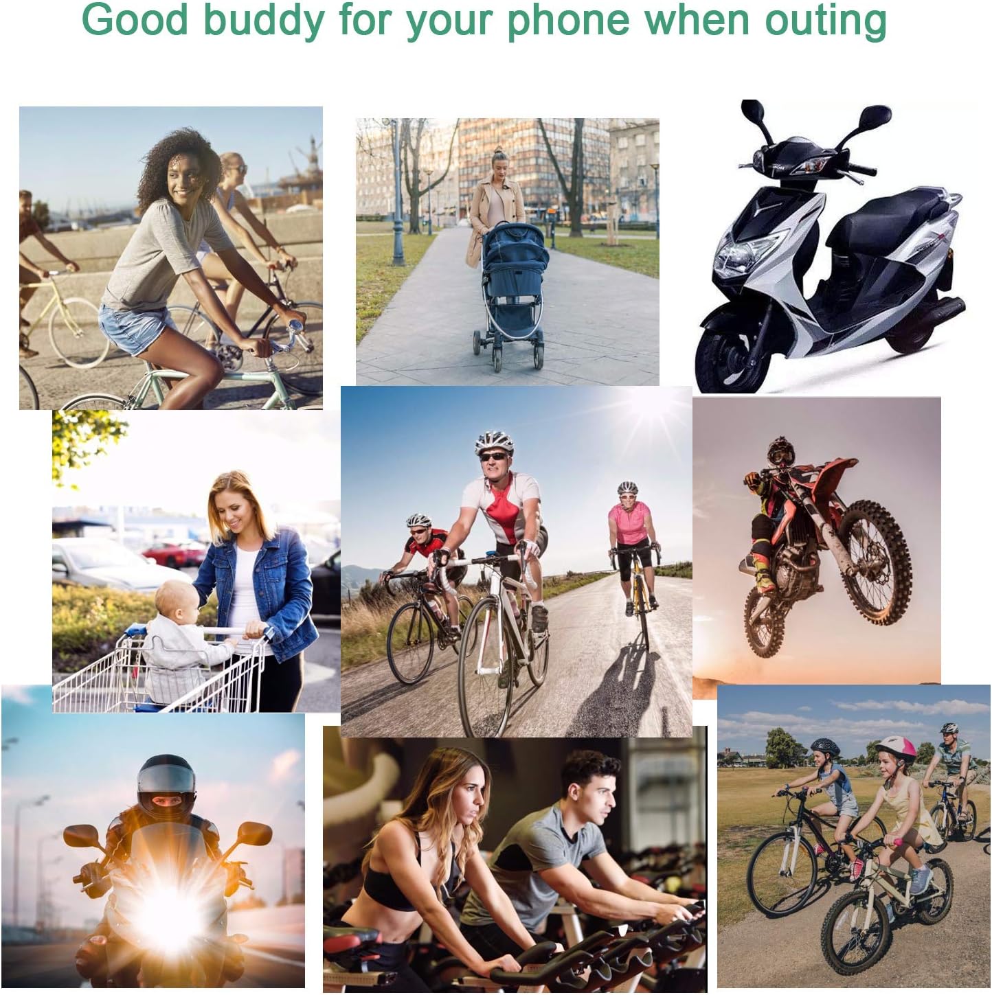 Bike Phone Mount, Motorcycle Mountain Bike Handlebar Bicycle Golf Cart Stroller Cell Phone Holder with Rubber Strap 360 Degrees Rotate for iPhone X 8 7 6 6s Plus Samsung (Green)