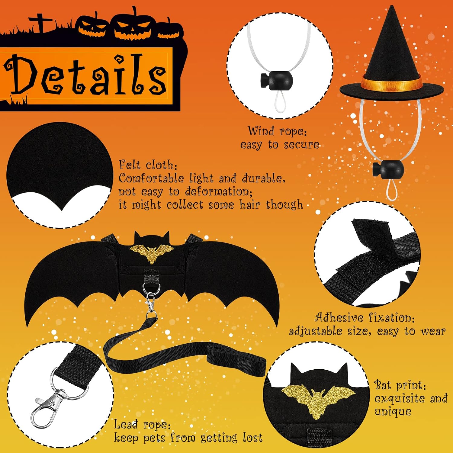 Halloween 2 Sets Pet Costume Bat Wings Harness Leash Bat Wing Witch Hats Pulling Rope for Small Animals Guinea Pig Rabbits Puppies and Small Cats