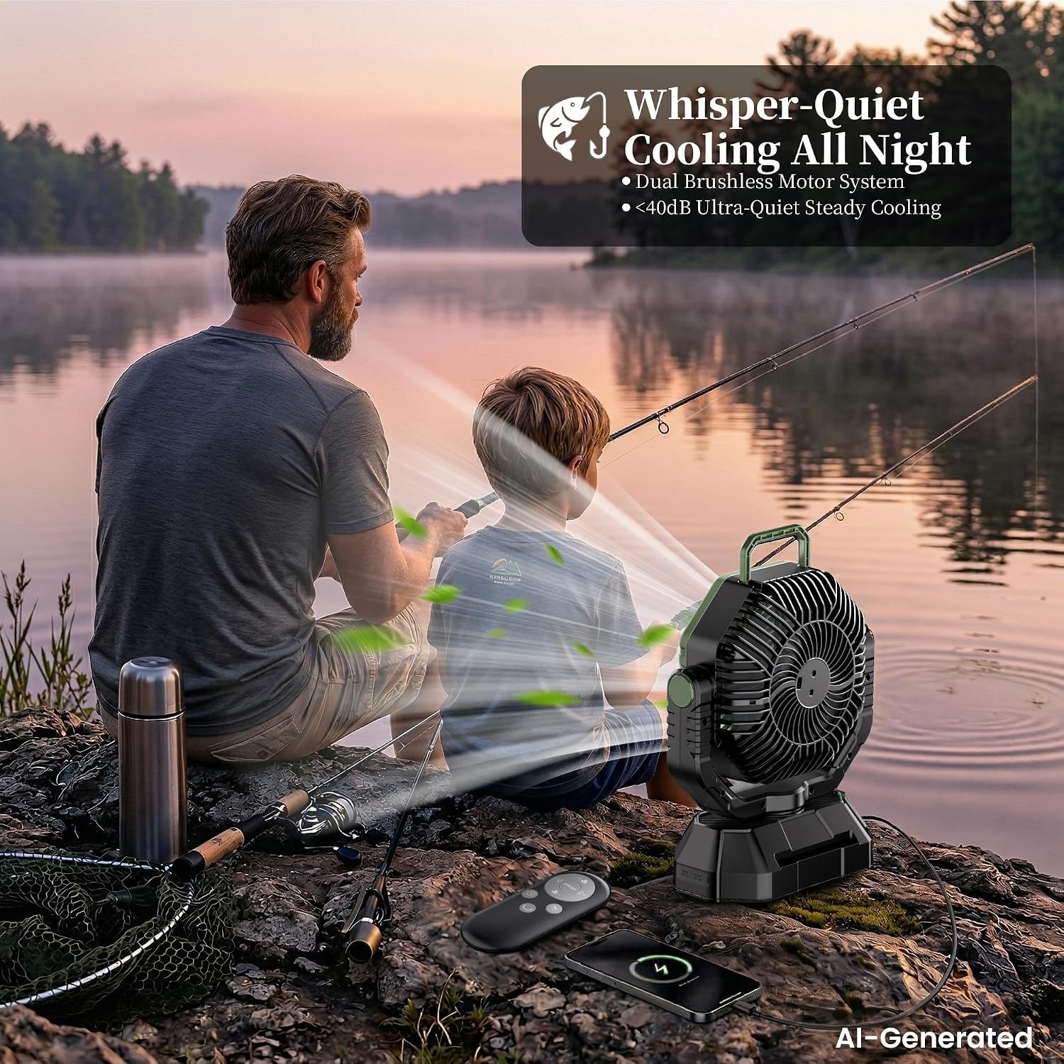 AJVV Camping Fan with Light, Remote and Oscillation, Battery Powered Hanging Tent Fan, Rechargeable Portable for Camp, Outdoor, Emergencies, Fishing, RV Travel, Jobsite