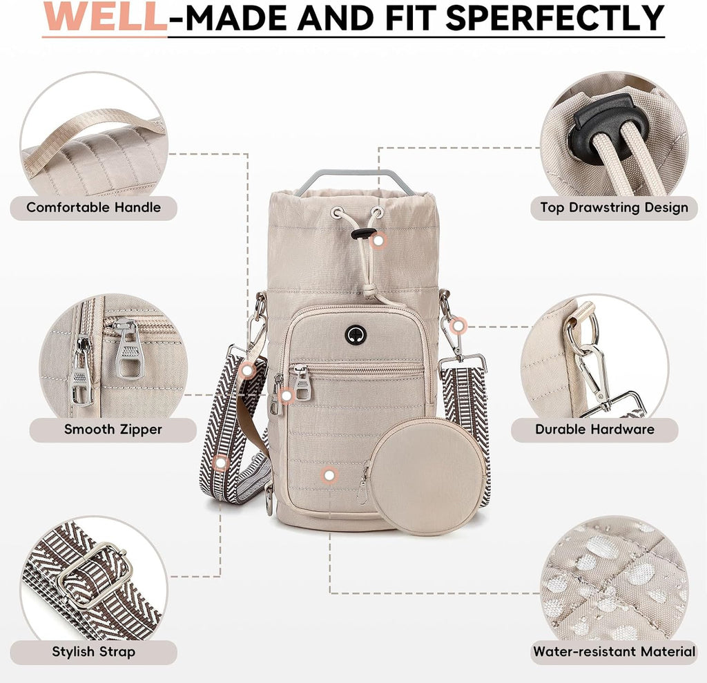 Water Bottle Carrier Bag with Strap Phone Pocket for Walking, Hiking, Cycling