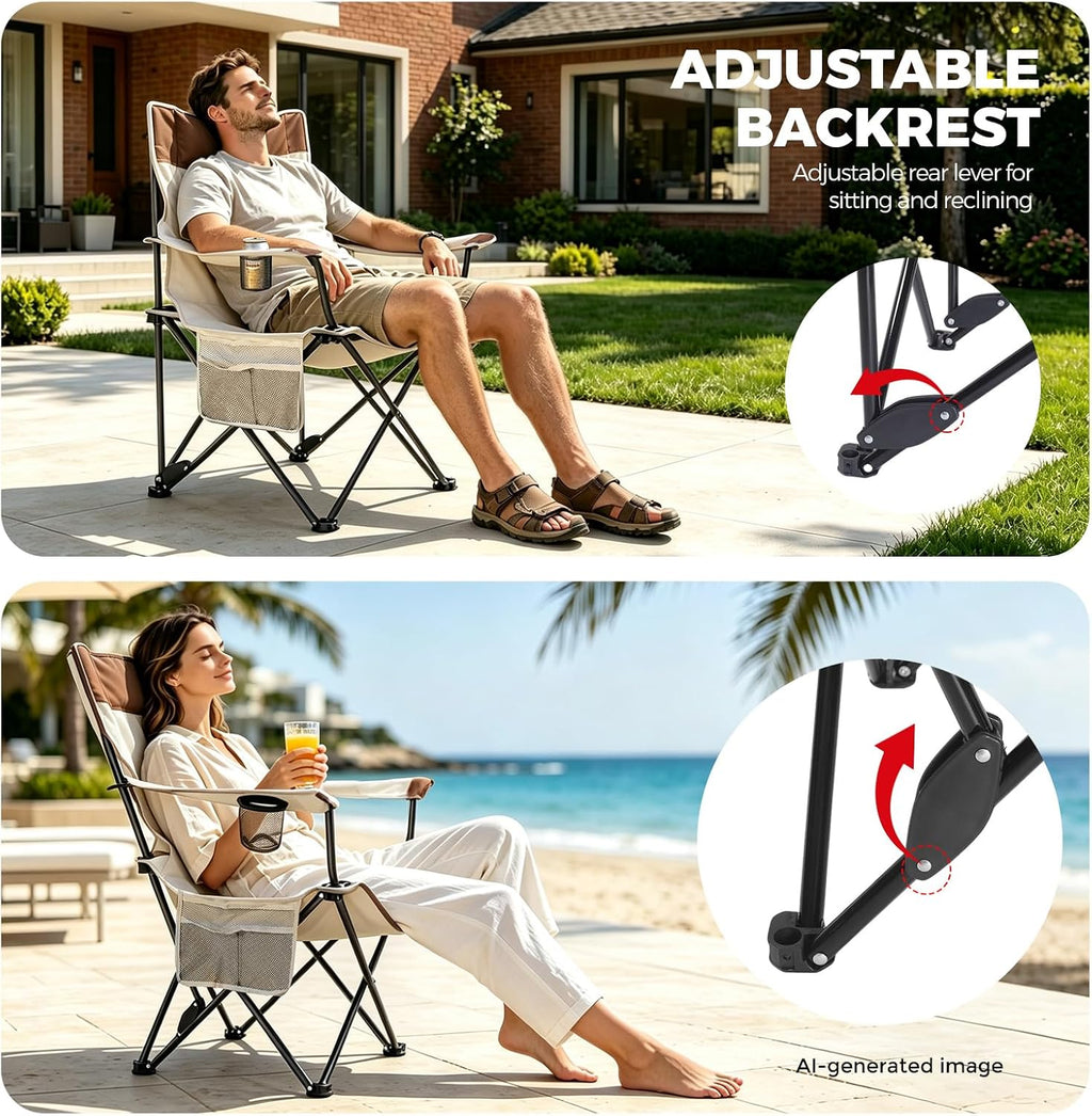 Camping Chairs 2Pack Beach Outdoor Chair for Adults Folding Lawn Chair with Cup Holder, Adjustable Backrest and Carry Bag for Tailgating, Beach, Fishing（Beige）