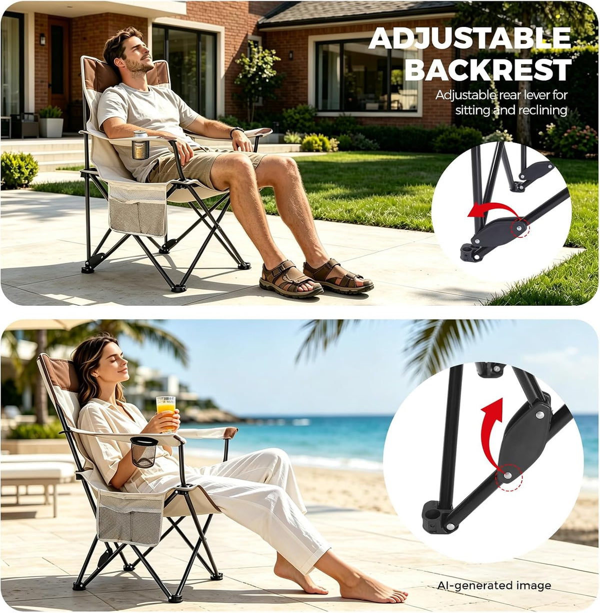 Camping Chairs 2Pack Beach Outdoor Chair for Adults Folding Lawn Chair with Cup Holder, Adjustable Backrest and Carry Bag for Tailgating, Beach, Fishing（Beige）