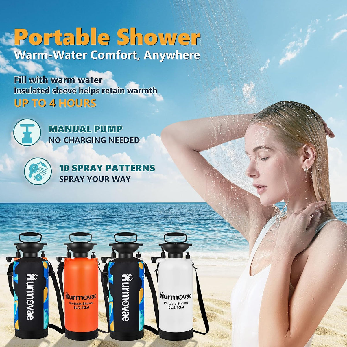 8L/2.1-Gal Portable Shower for Beach & Camping, 10 Spray Patterns