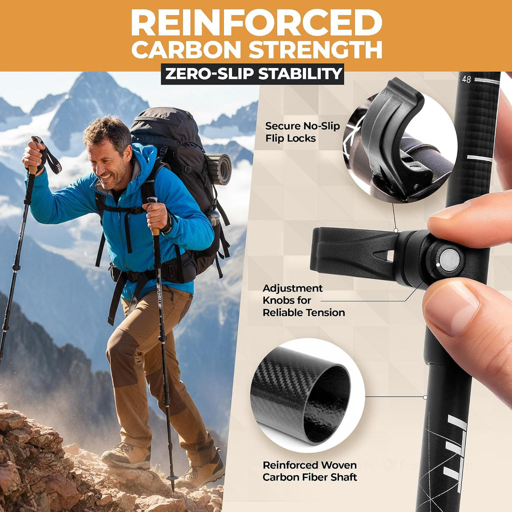 Foxelli Carbon Fiber Trekking Poles – Lightweight Collapsible Hiking Poles with Cork Grips, Quick Flip Locks & All-Terrain Accessories – Adjustable Height Hiking Sticks for Men & Women