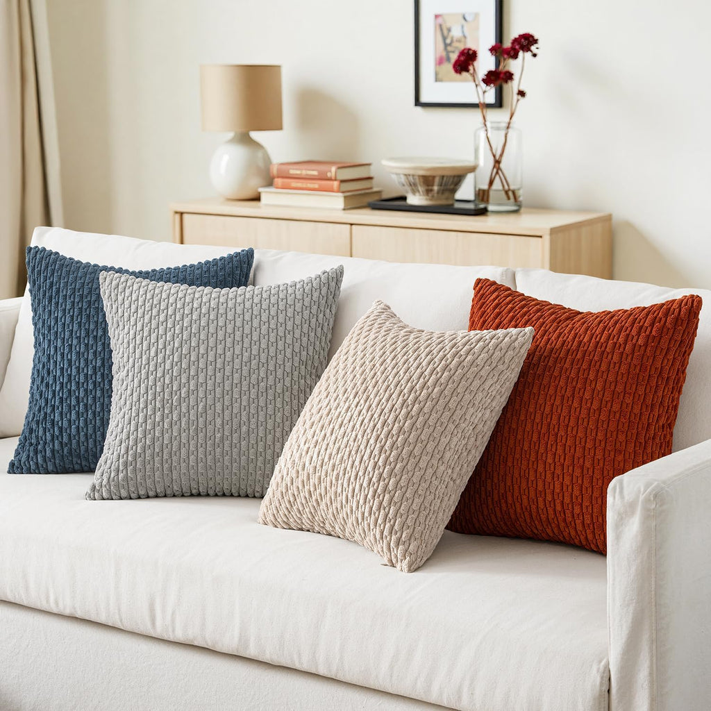 MIULEE Blue Orange Decorative Throw Pillow Covers for Couch Living Room 18x18 Inch Soft Pillow Cases Set of 4 Boho Striped Corduroy Farmhouse Cushion Covers Home Decor for Sofa Bed