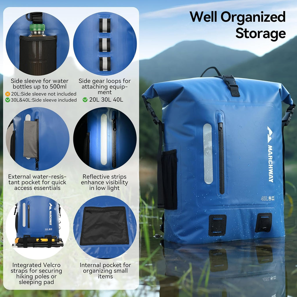 MARCHWAY Roll Top Waterproof Backpack, Floating Dry Bag 20L/30L/45L with Ergonomic Rectangular Base, Cushioned Back, Hip Strap for Hiking Camping Kayaking Travel (Blue, 30L)