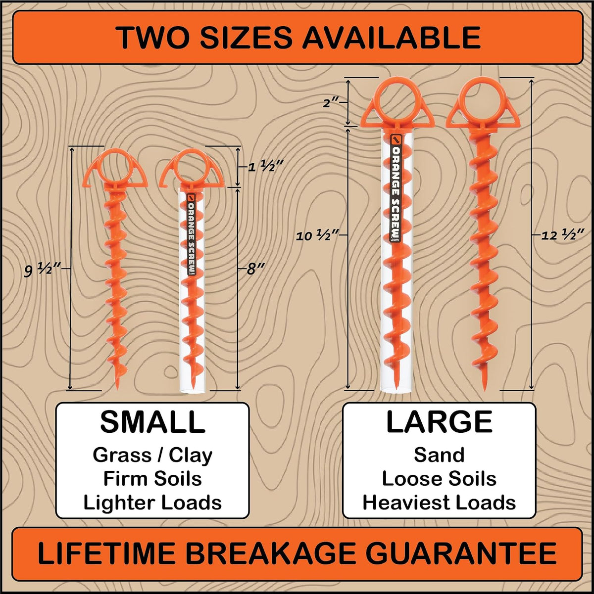 Orange Screw Ultimate Ground Anchors: Heavy Duty Screw-in Tent Stakes for High Wind, Sand, Canopies, and Camping - Made in USA, 100% Recycled, Included T-Grip Tool - (Large, 2 Pack)