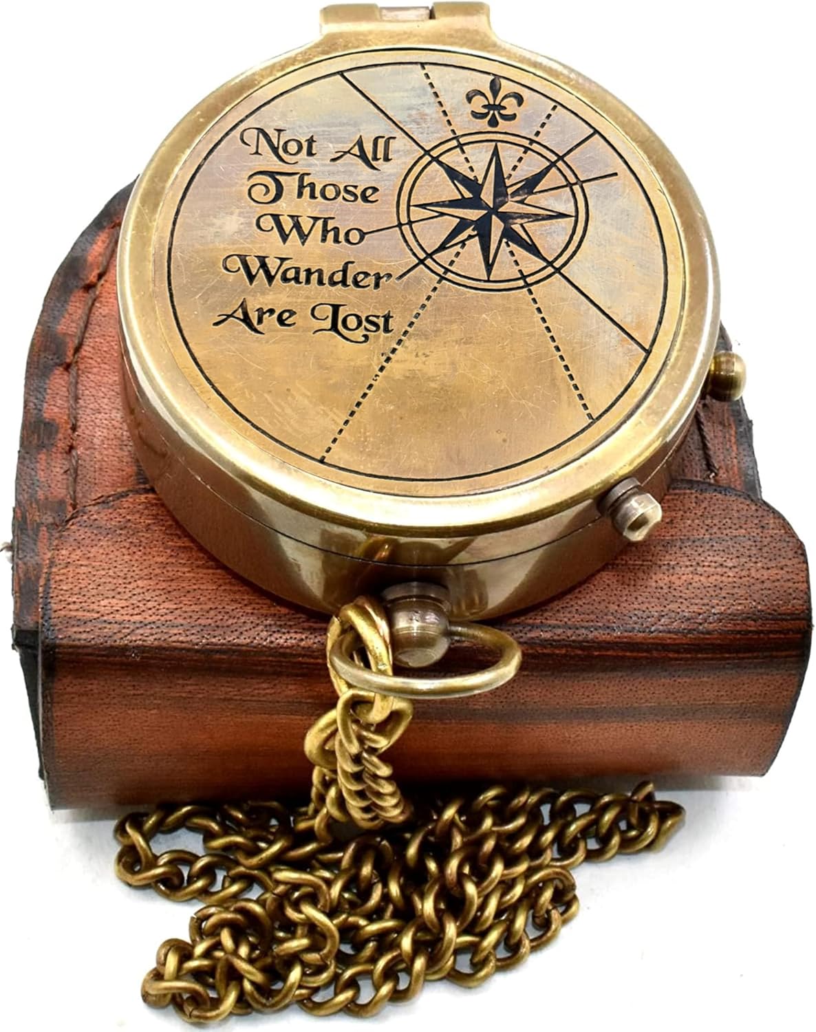 “Not All Those Who Wander are Lost” Engraved Vintage Pocket Compass, Antique Brass Nautical Compass with Leather Case, Travel Gift for Men & Women, Hiking Camping Navigation Tool, Graduation Gift