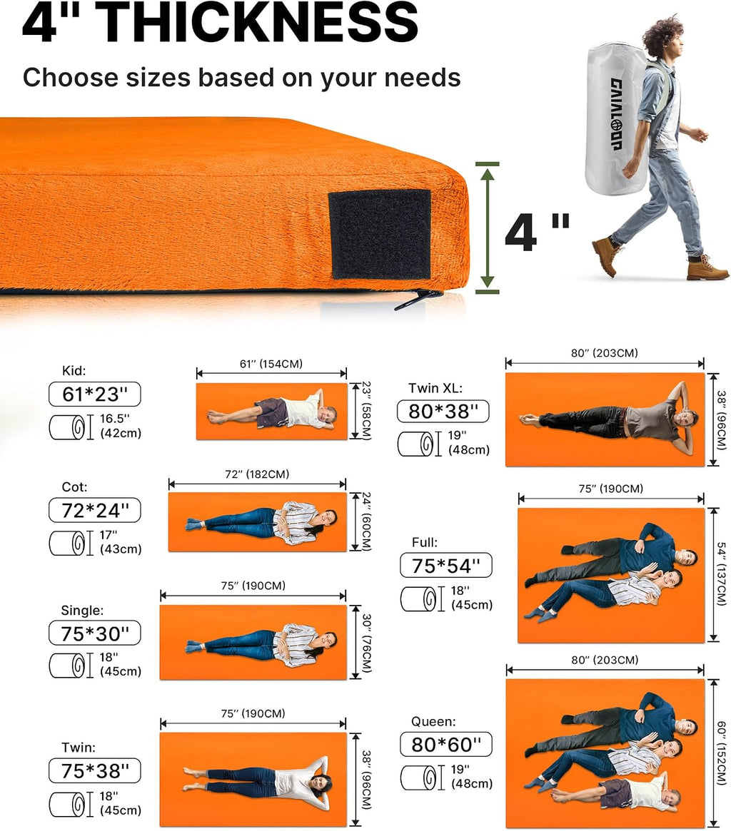 GAIALOOP 4-Inch Memory Foam Camping Mattress, Roll Up Foam Camp Pad