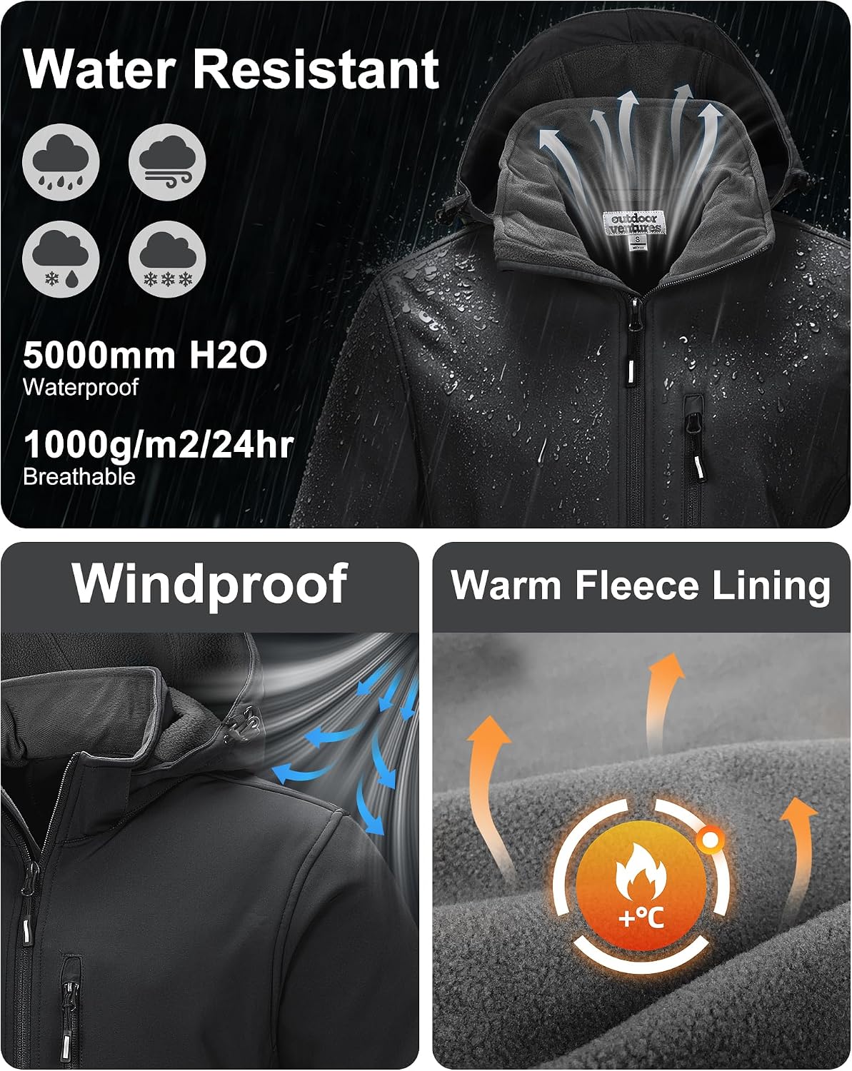 Outdoor Ventures Men's Softshell Jacket Waterproof Fleece Rain Shell Coat