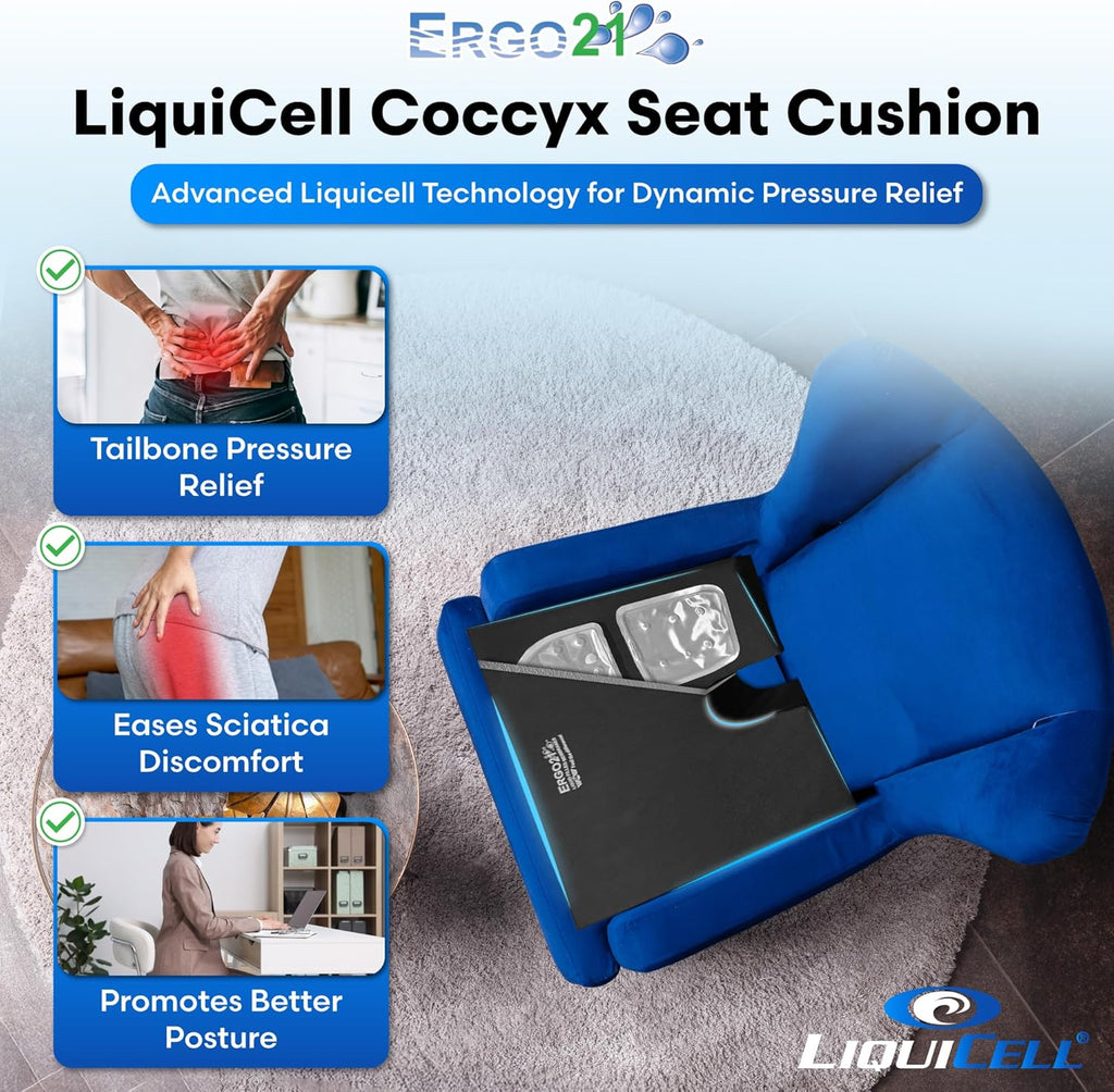 ERGO21 Liquicell Coccyx Cushion - Better Than Gel, Foam, and Air! Liquid-Filled Membranes. Blood Flow Improved by 150% (Large Deluxe 18x17x2.5)