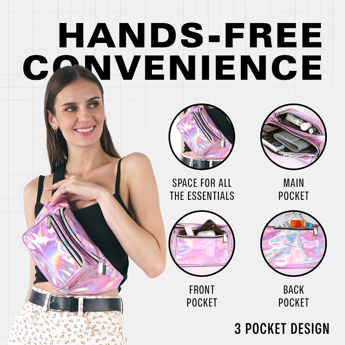 SoJourner Waterproof Holographic Fanny Pack, Pale Pink