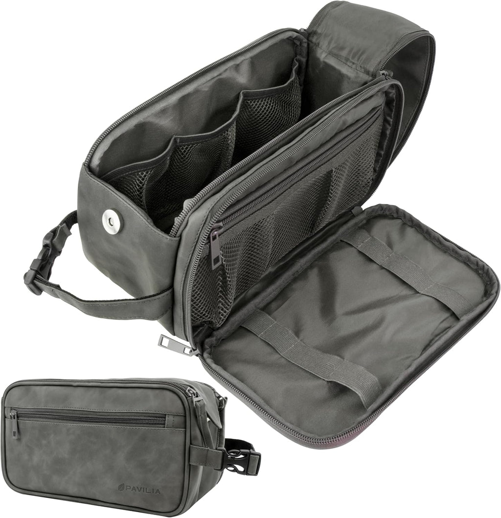 PAVILIA Toiletry Bag for Men, Travel Essentials Shaving Dopp Kit, Mens Travel Bag Toiletries Organizer Case for Grooming, PU Leather Water Resistant Cosmetic Bag Pouch (Dark Grey)