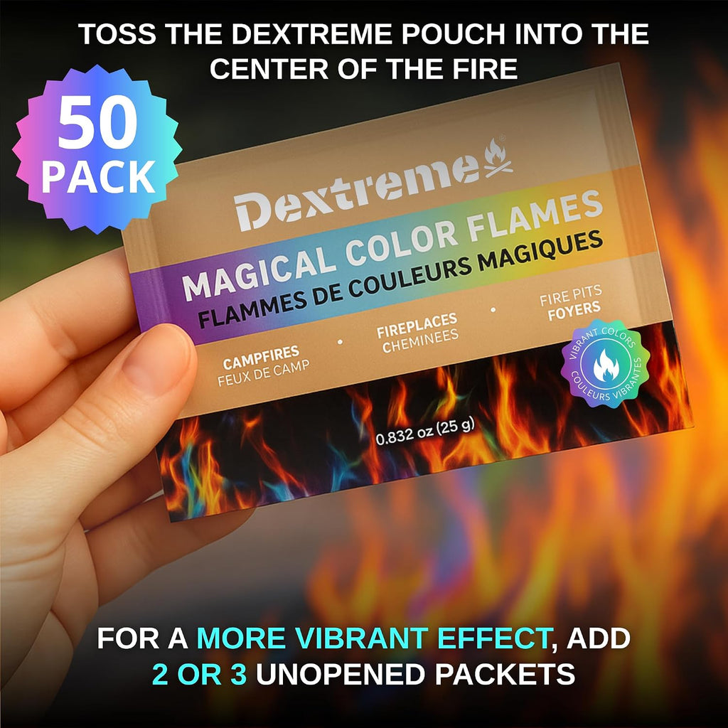 Dextreme Fire Color Changing Packets - Fire Color Packets, Color Changer for Campfires, Fire Pits, and Fireplaces, Longer Lasting Burn Time, Safe and Non-Toxic (50 Pack)
