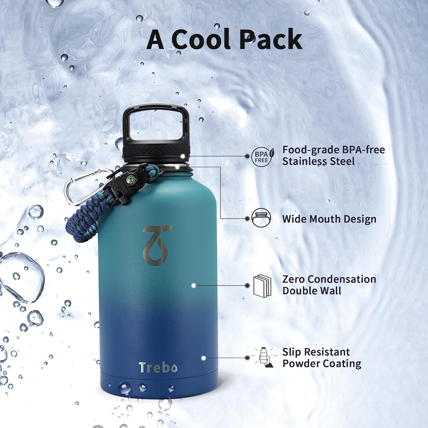 Trebo 64 oz Water Bottle Stainless Steel with 3 Lids, Paracord Handle & Bag