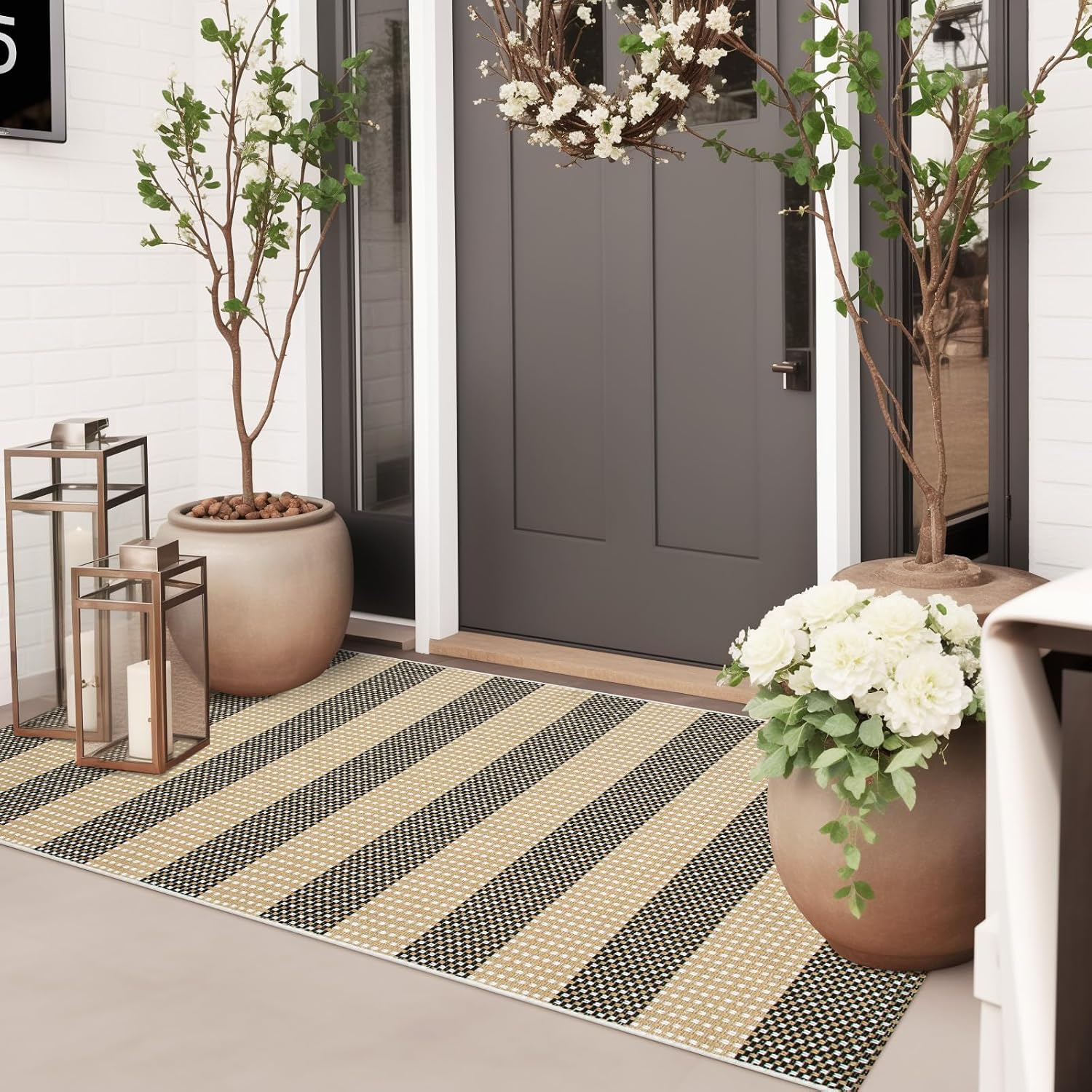 Fall Front Door Mat 24"x51", Cotton Washable Striped Outdoor Rug