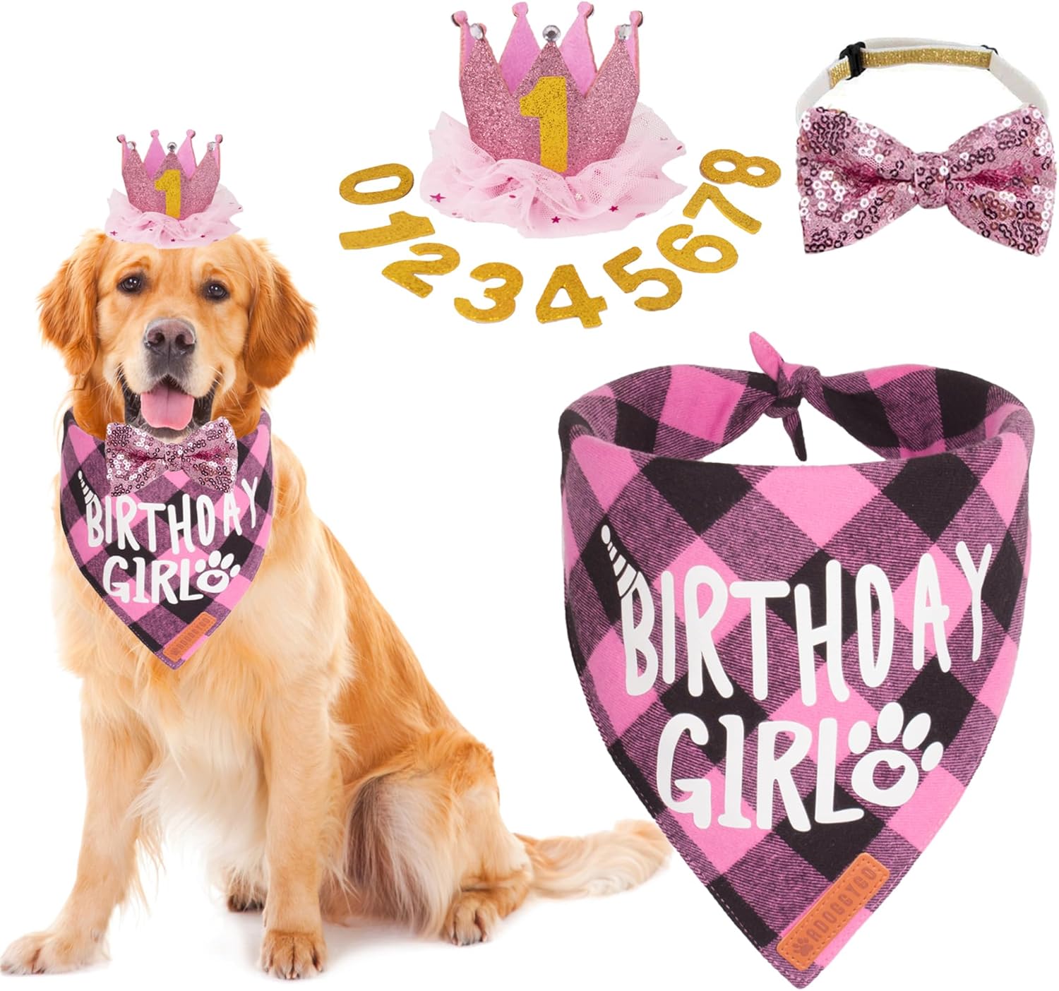 ADOGGYGO Dog Birthday Hat Bandana Set, Pink Plaid Girl Dog Bandana, Small