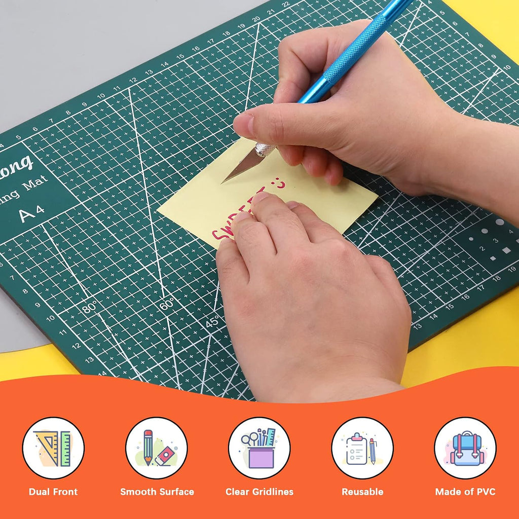 Tanstic 15Pcs 6" 12" 18" Stainless Steel Cork Back Metal Ruler, Non-Slip Cork Backing Rulers with Inch and Centimeters, Non Slip Straight Edge Ruler with Cutting Mat, Pencil, Craft Knife for Office