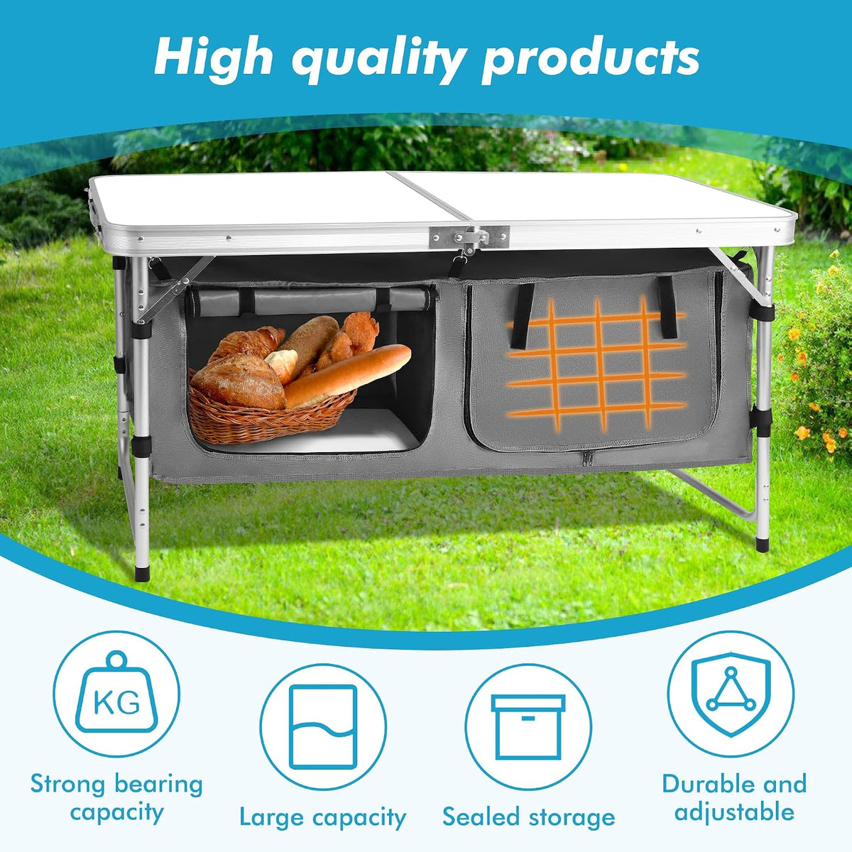 Camp Field Camping Folding Aluminum Table with Adjustable Legs for Outdoor Travel Beach, Backyards, BBQ, Party and Picnic Foldable Table
