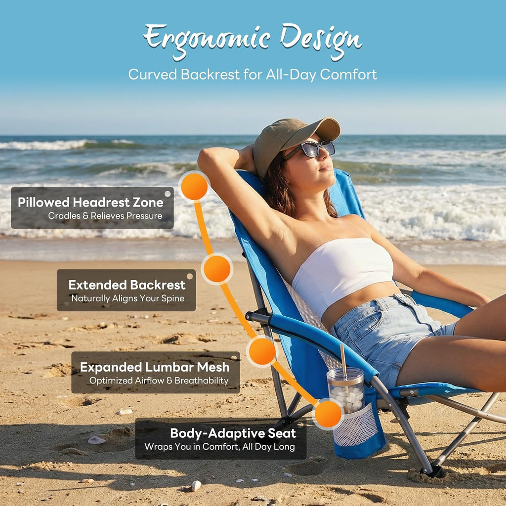 NEWBULIG Low Beach Chair – Folding Camping Chair for Adults, Low Profile Lawn Chair with Cup Holders & Carry Bag, Extra Wide Seat and High Back, Portable for Beach, Outdoors, Travel & Concerts, Blue