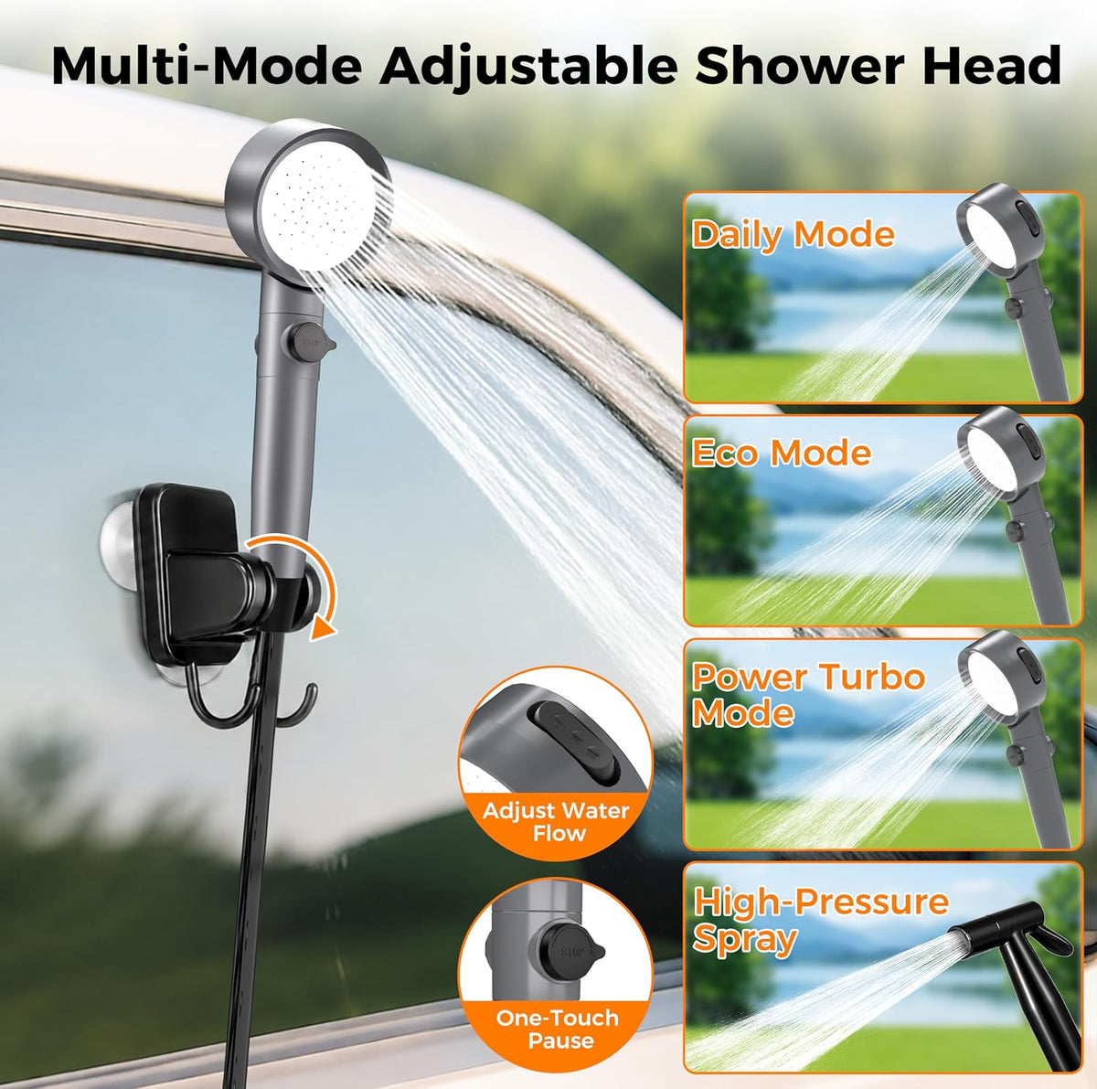 hillhub Portable Camping Shower Kit with 1500W Heater & 6000mAh Pump | Immersion Heater, Rechargeable IPX7 Pump, 5.3-Gal Bucket, 4-Mode Head, 6'7" Hose — for RV, Pet Bath, Car Wash, Beach & Hiking
