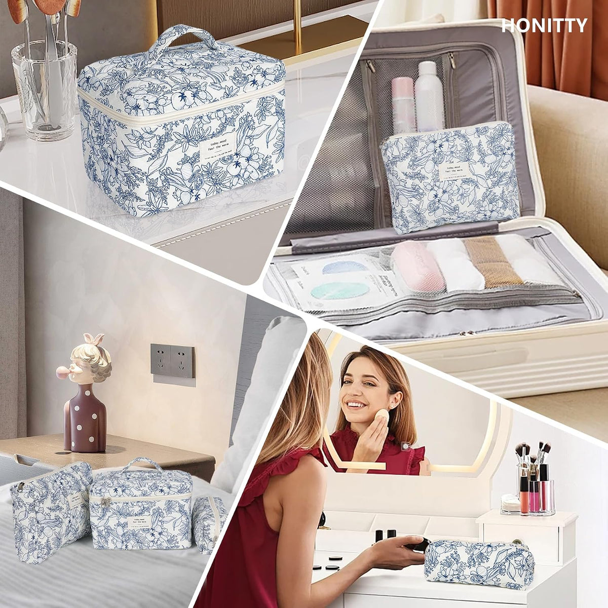 honitty Makeup Bag,Quilted Cosmetic Bags,Large Floral Make Up Organize bag,Makeup Bag Set for Women,Flower Travel Toiletry Bag