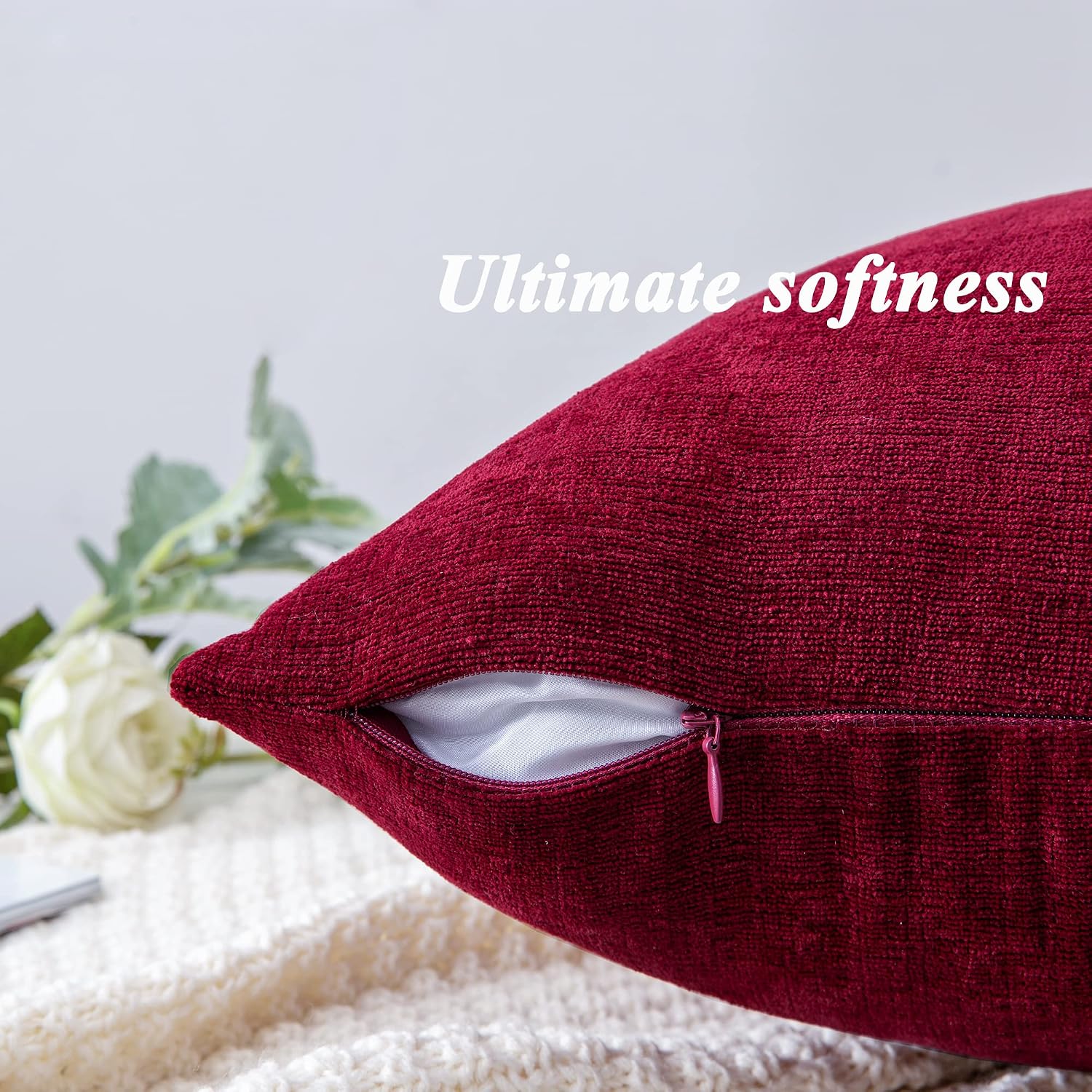 GAWAMAY Decorative Square Throw Pillow Covers 18"x18" Inch Set of 2, Super Soft Chenille Pillows Cover Fall Pillowcase for Living Room Bedroom Sofa Couch Cushion Cover Burgundy Red 45x45cm