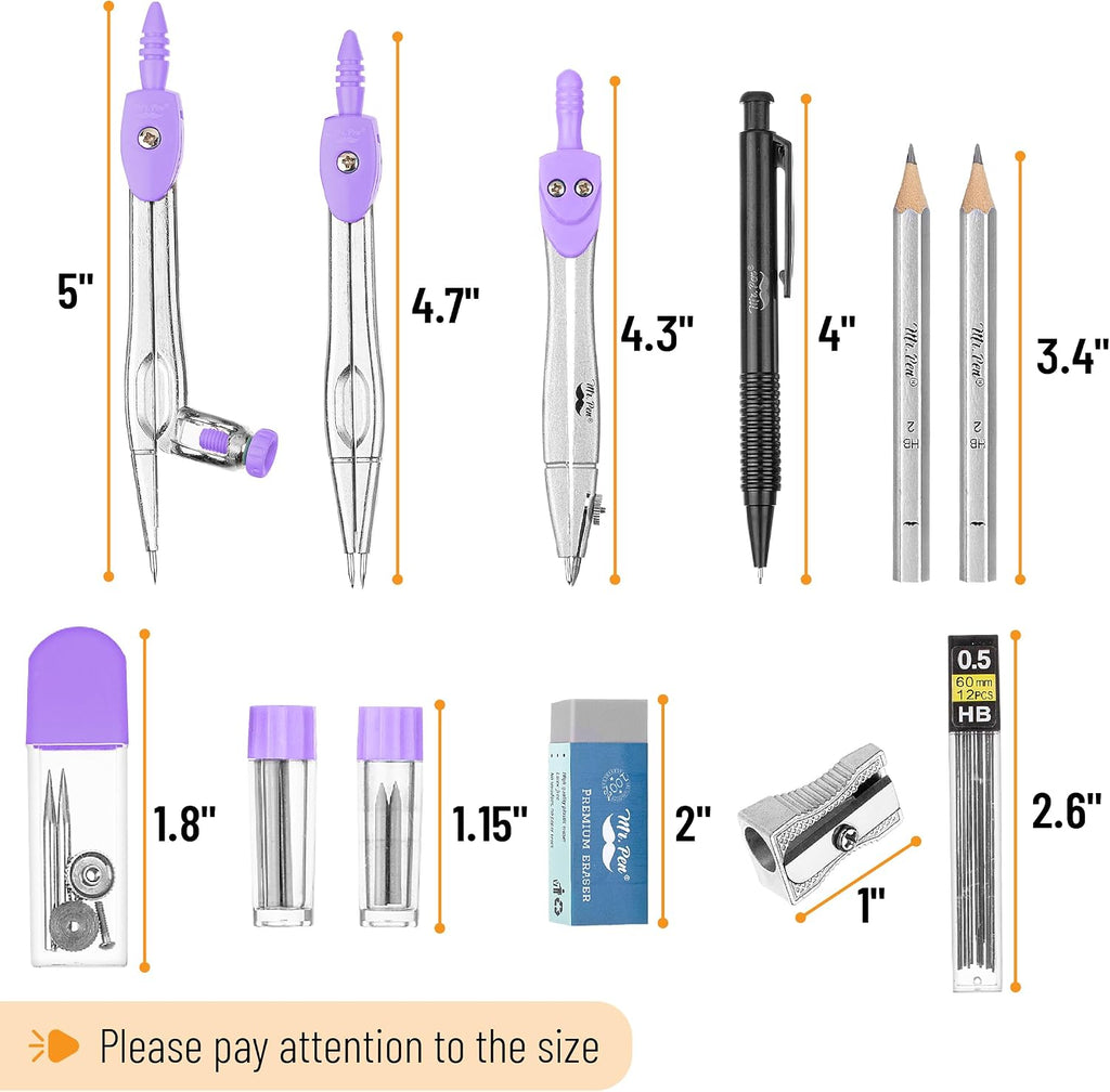 Mr. Pen- Geometry Set, 15 pcs, Purple, 6 Inch Swing Arm Protractor, Divider