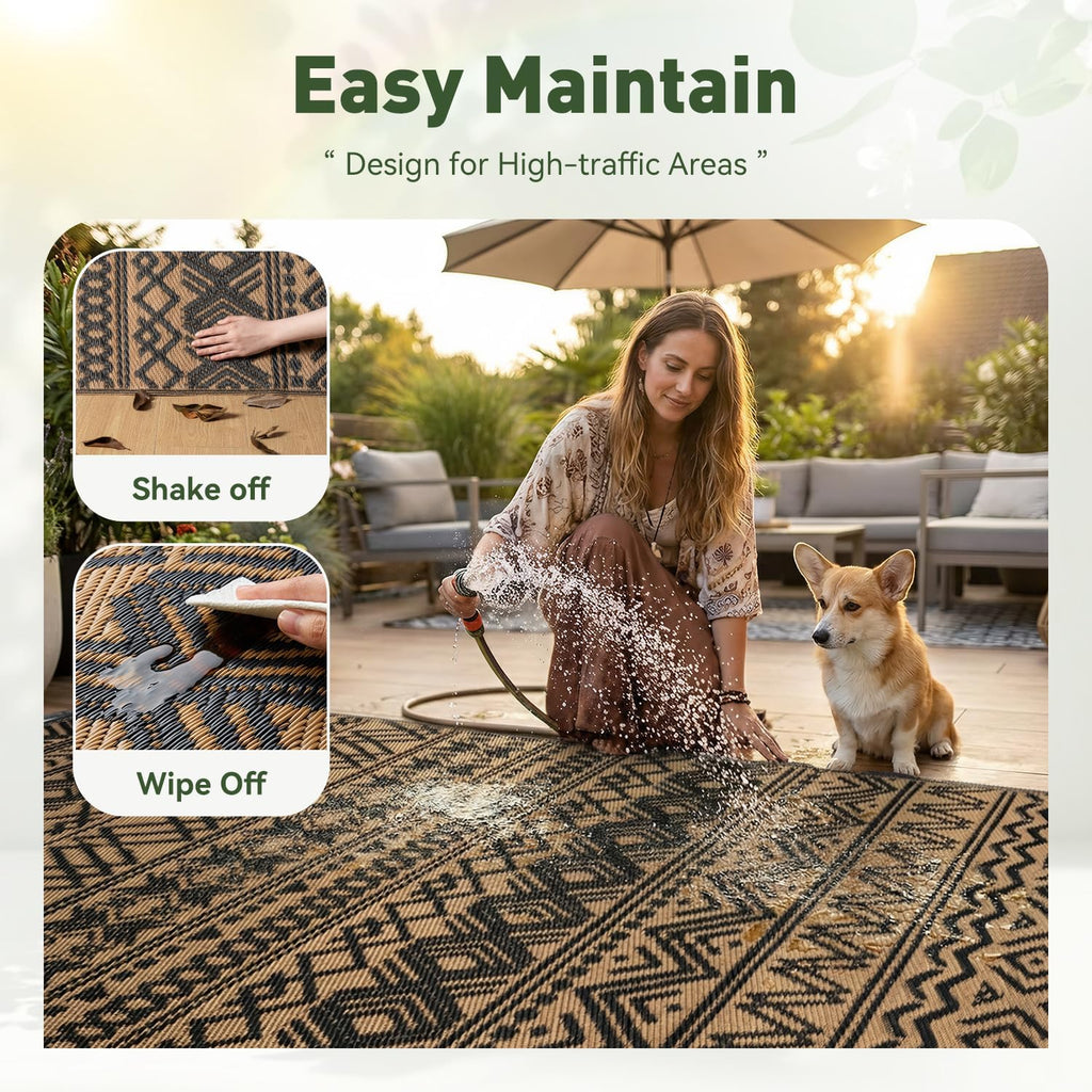 MontVoo Outdoor Rug Carpet Waterproof 6x9 Outdoor Patio Rug Mat Reverisble Plastic Straw Outdoor Rug for RV Camping Picnic Beach Balcony Boho Black Brown
