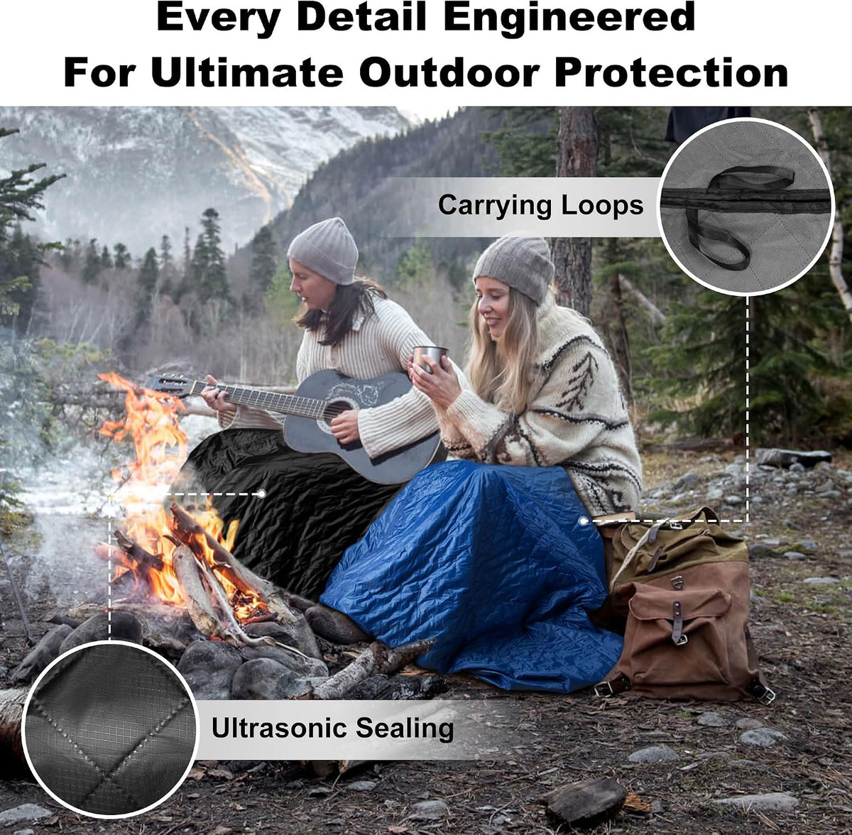 Waterproof Outdoor Blanket 91"x60" Large Quilted Fleece 300GSM Black