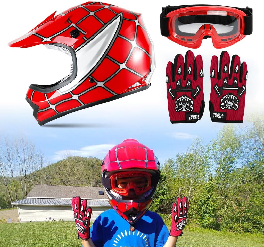SLMOTO Dot Youth Kids Helmet Motocross Offroad Street Helmet Motorcycle Helmet Dirt Bike Motocross ATV Red Spider Design Helmet+Goggles+Gloves X-Large