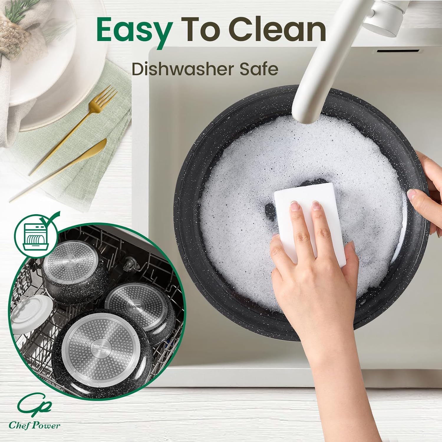 Chef Power Ceramic Cookware Set, 19 PCS Detachable Non Stick Pots and Pans