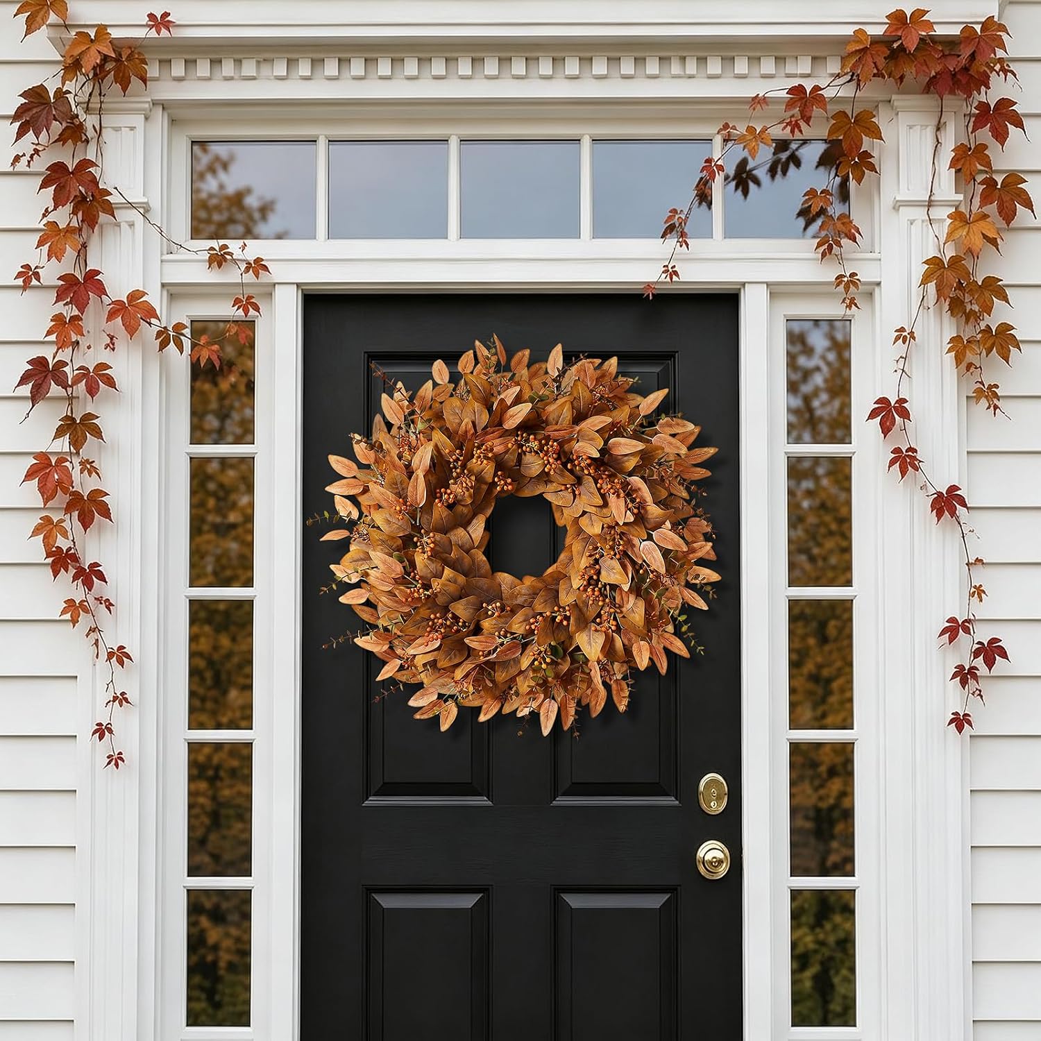 26" Fake Fall Eucalyptus Wreath with Berry for Front Door Decor(Orange) | Artificial UV-resistant Outdoor Wreath, Faux Eucalyptus Leaves Plant for Home/Porch/Window/Wall/Farmhouse/Autumn Decor