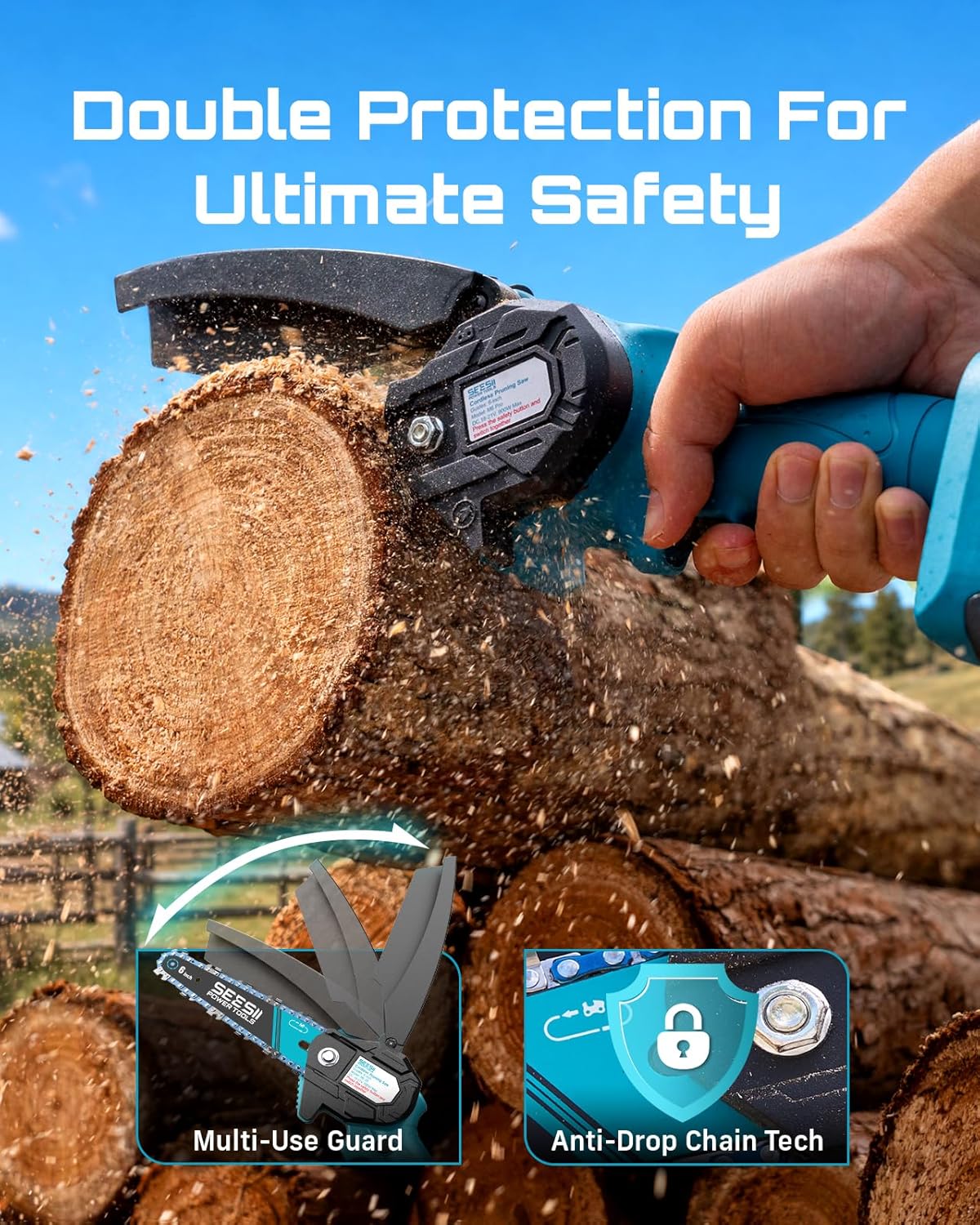 Seesii Mini Chainsaw, 6-inch Mini Chainsaw Cordless, Handheld Electric Power Chain Saw with 2 Batteries, for Tree Trimming Wood Cutting, Best Gifts for Father, Dad, Husband, Men